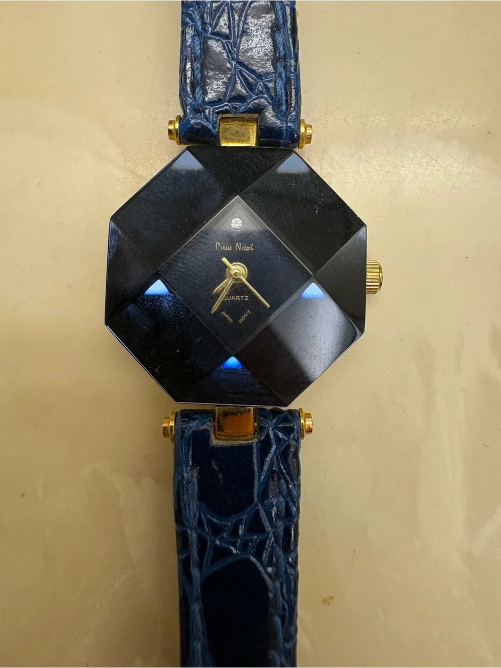 Vintage Pierre Nicol Faceted Black Watch with Blue Leather Strap